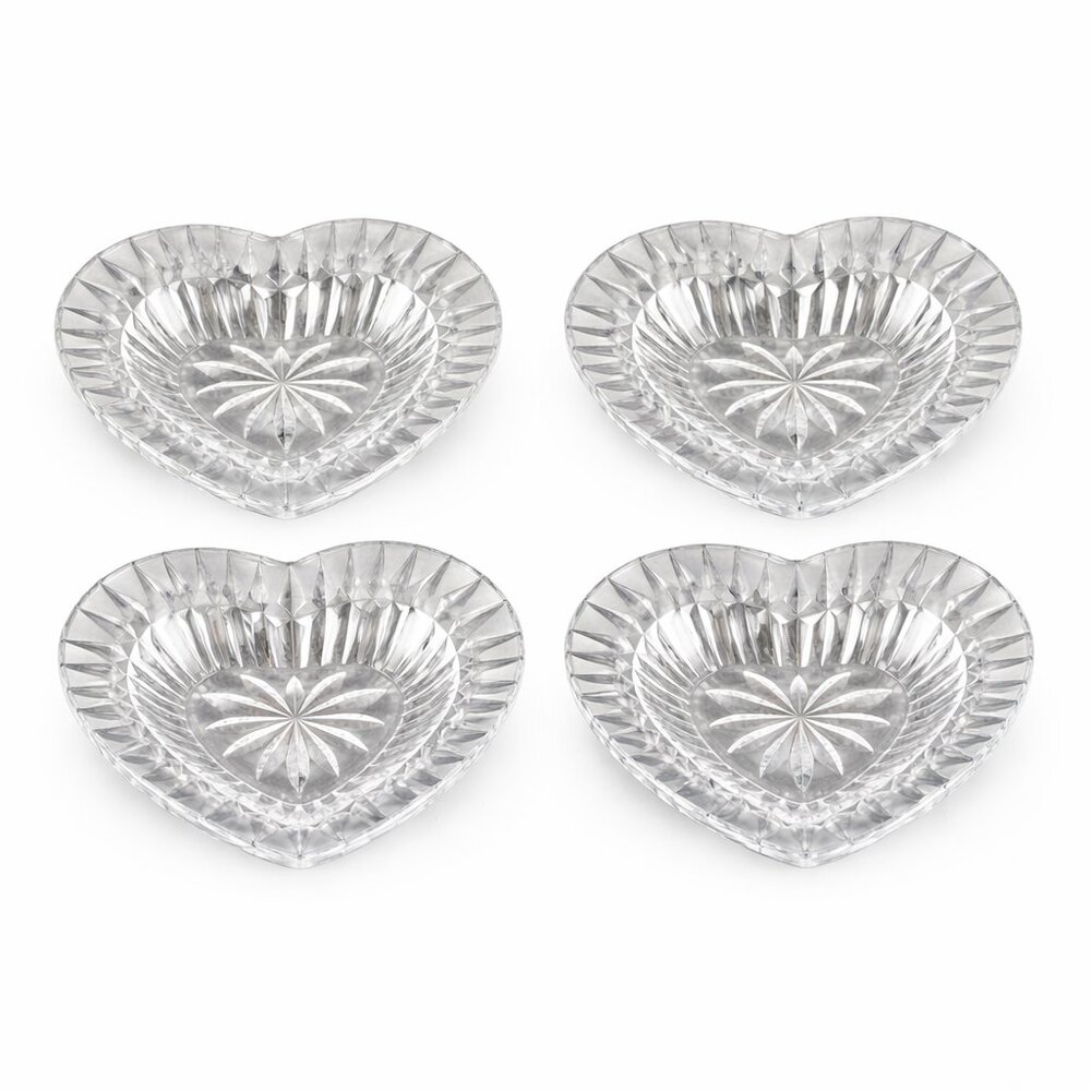 Set of 4 Vintage Crystal Heart Dishes | Cut Glass Jewelry Trinket Tray